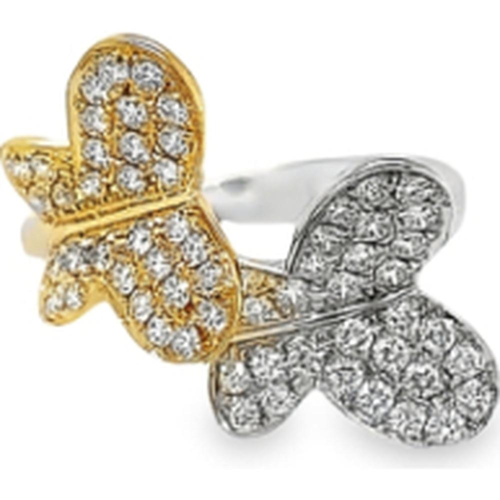 18K White Gold and Yellow Gold Butterfly Ring with Pavé Set Round Diamonds by Afarin