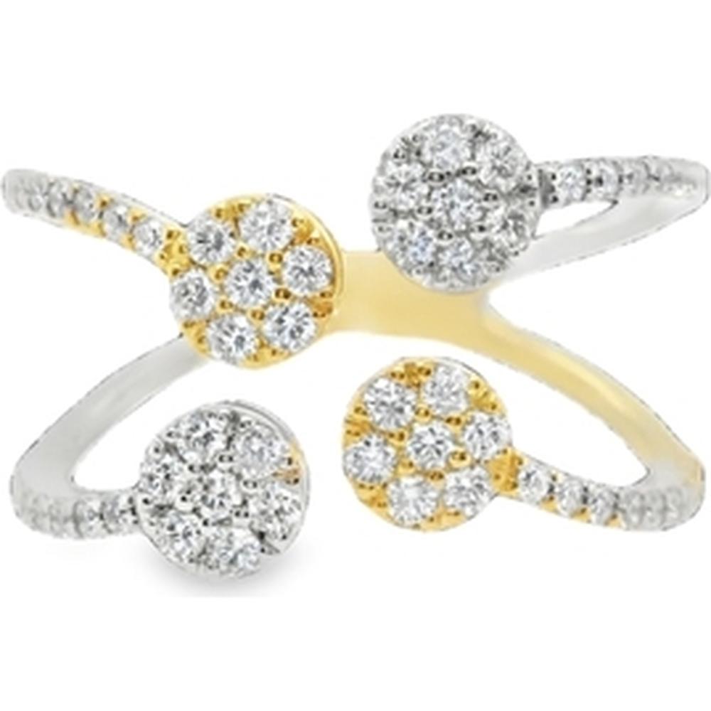 18K White Gold and Yellow Gold Crossover Diamond Flower Ring with Round Diamond Clusters by Afarin