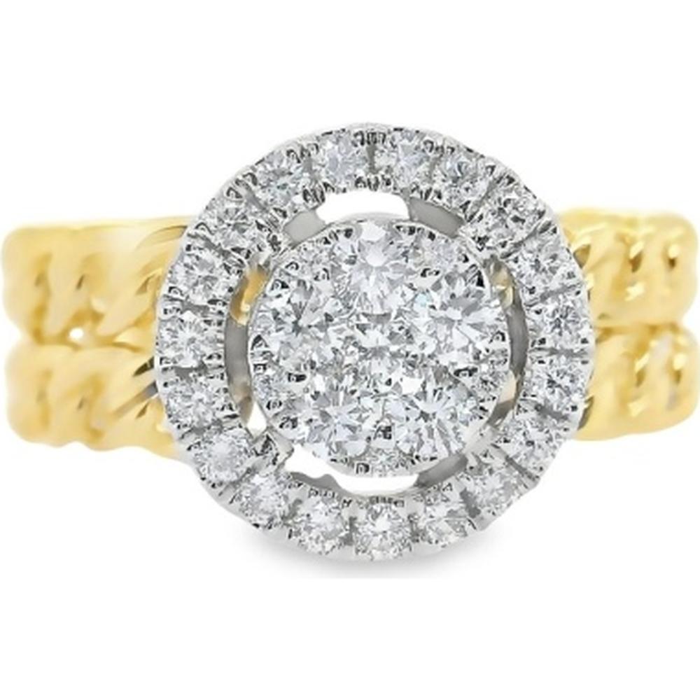 18K White Gold and Yellow Gold Halo Diamond Ring with Round Center Cluster by Afarin