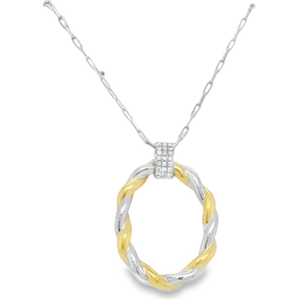 18K White Gold and Yellow Gold Twisted Open Oval Pendant with Diamond Accent Bail Necklace by Afarin