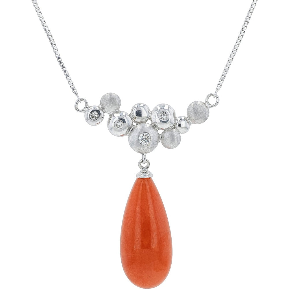18K White Gold Asymmetrical Teardrop Coral Pendant Necklace with Bezel-Set Diamond Accents - 0.08 Carat Total Diamond Weight
