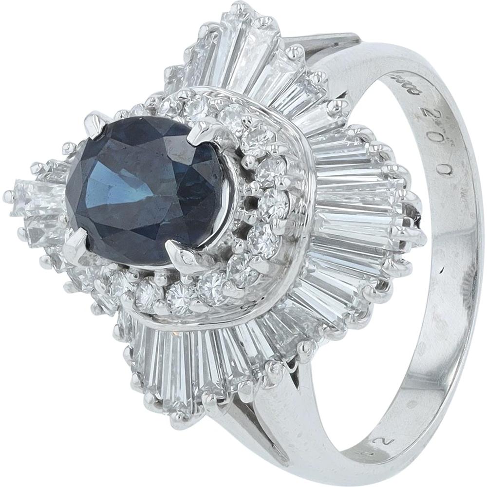 18K White Gold Ballerina Ring with 2.00 Carat Oval Sapphire Center and 1.62 Carat Total Diamond Halo