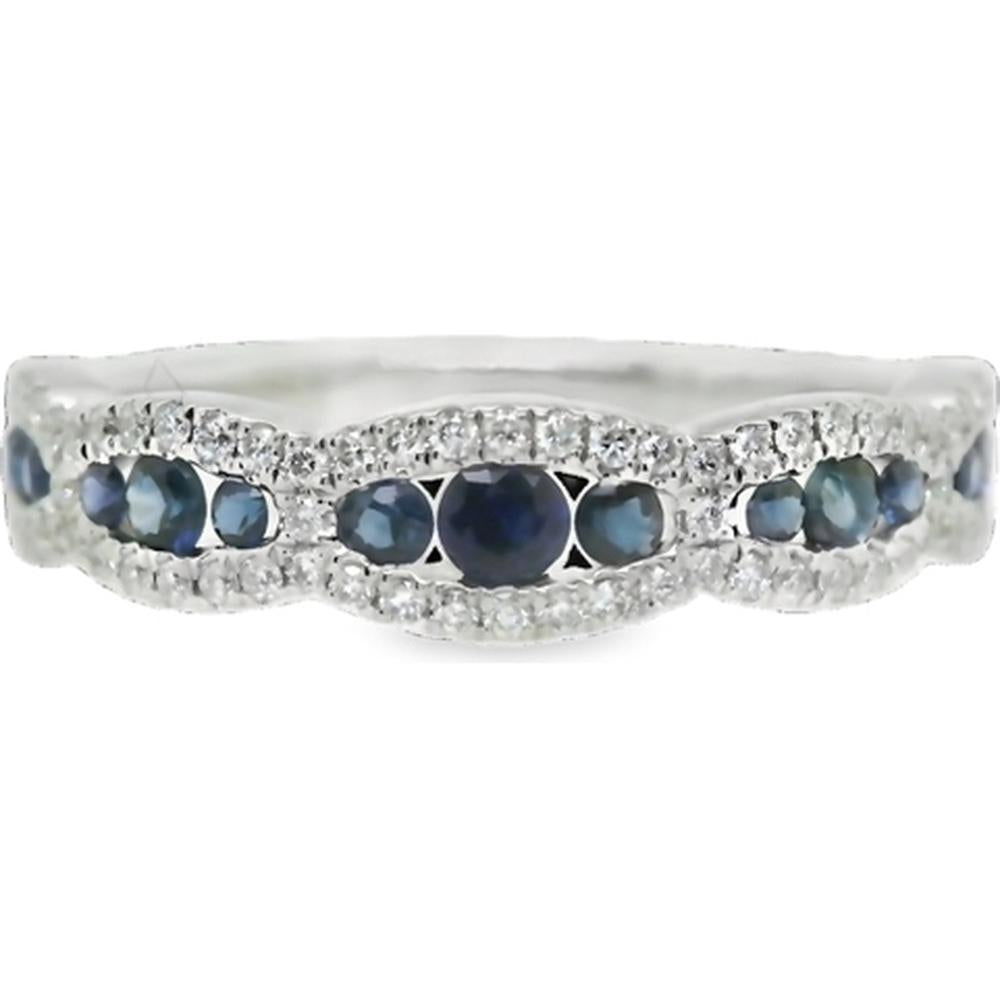 18K White Gold Band Ring with Blue Sapphires and Diamond Halo Accents by Afarin