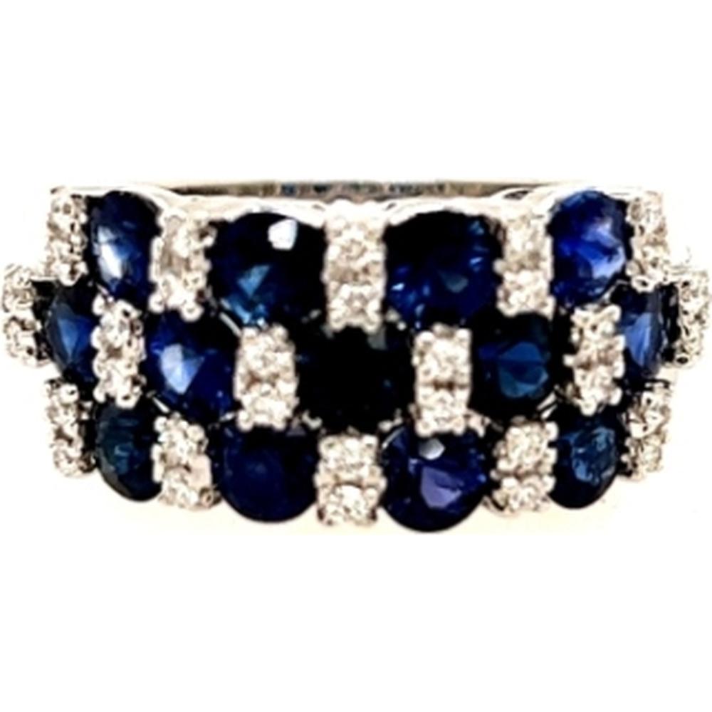 18K White Gold Band Ring with Oval Blue Sapphires and Diamond Accents by Afarin