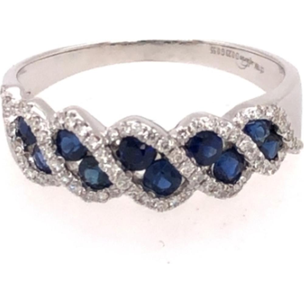 18K White Gold Band Ring with Oval Blue Sapphires and Diamond Halo Detail by Afarin