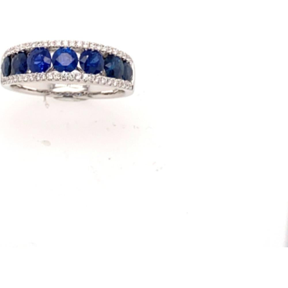 18K White Gold Band Ring with Round Blue Sapphires and Diamond Accents by Afarin