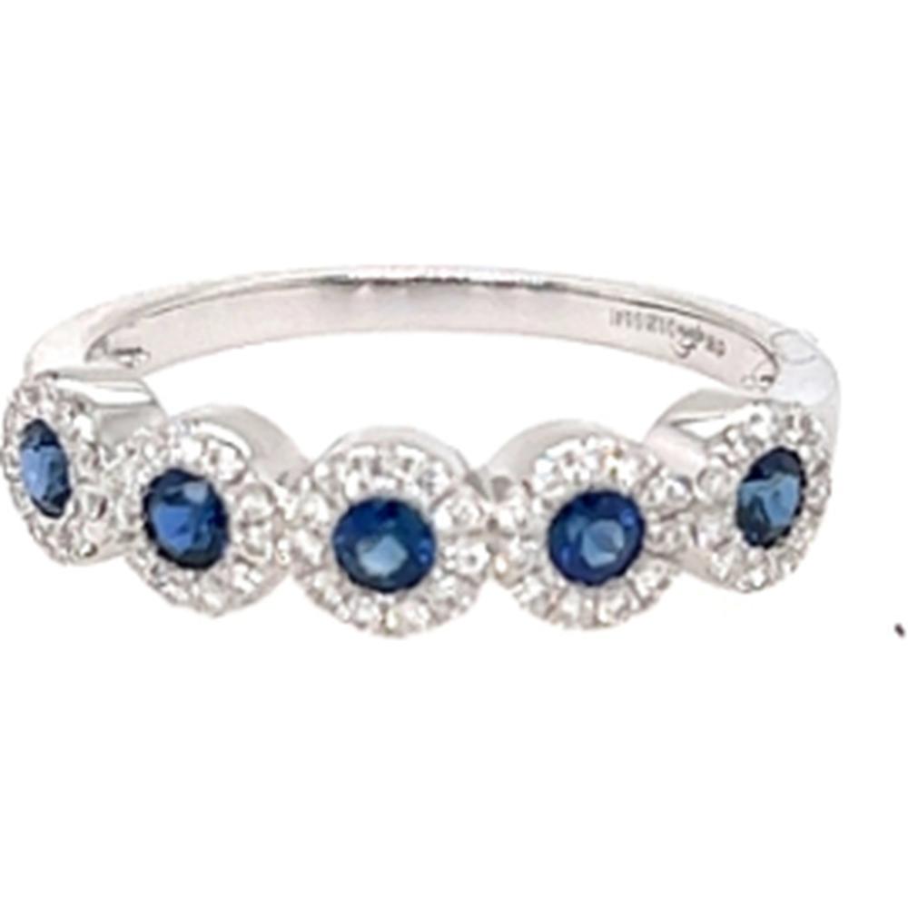 18K White Gold Band Ring with Round Blue Sapphires and Diamond Halo Accents by Afarin