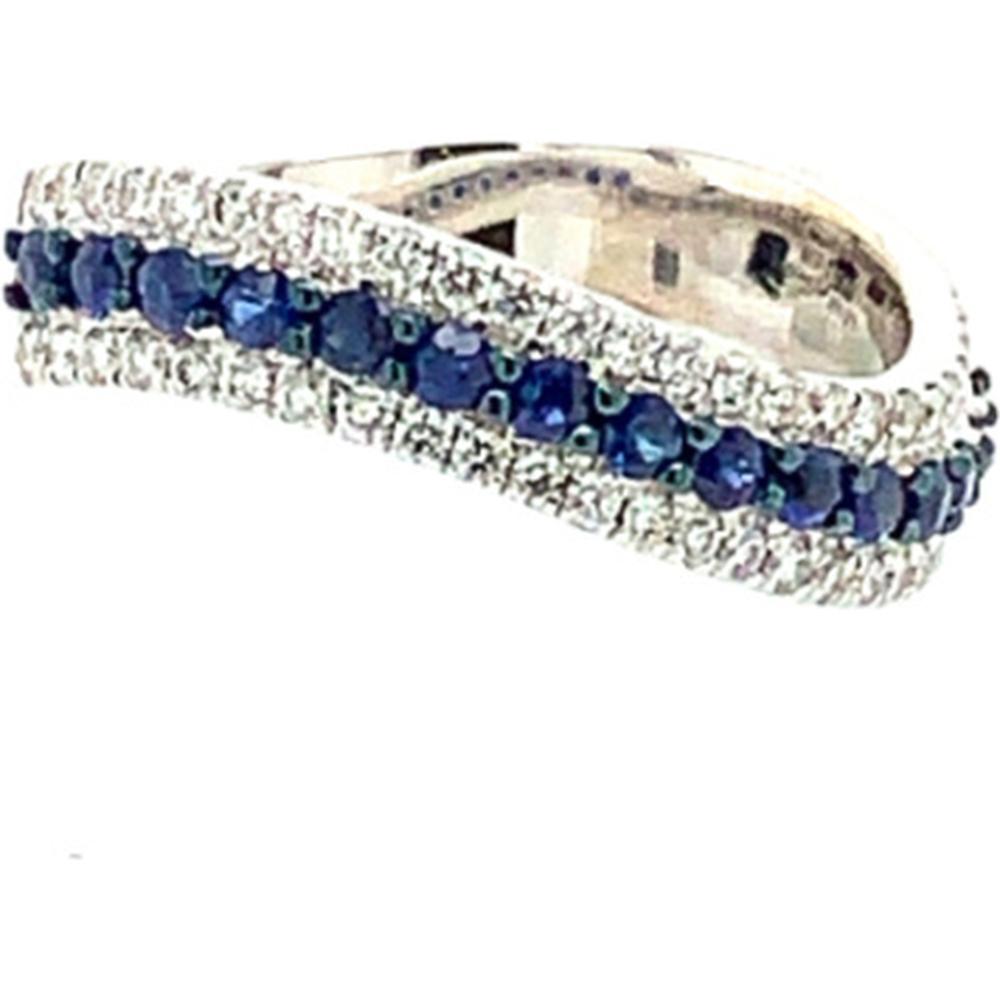 18K White Gold Band Ring with Round Blue Sapphires Framed by Diamonds by Afarin