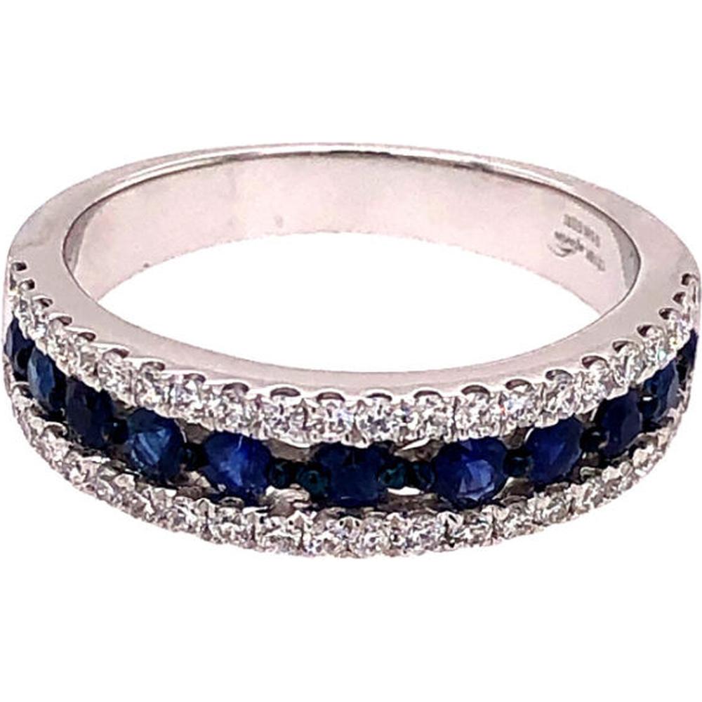 18K White Gold Band Ring with Round Blue Sapphires Framed by Round Diamonds by Afarin