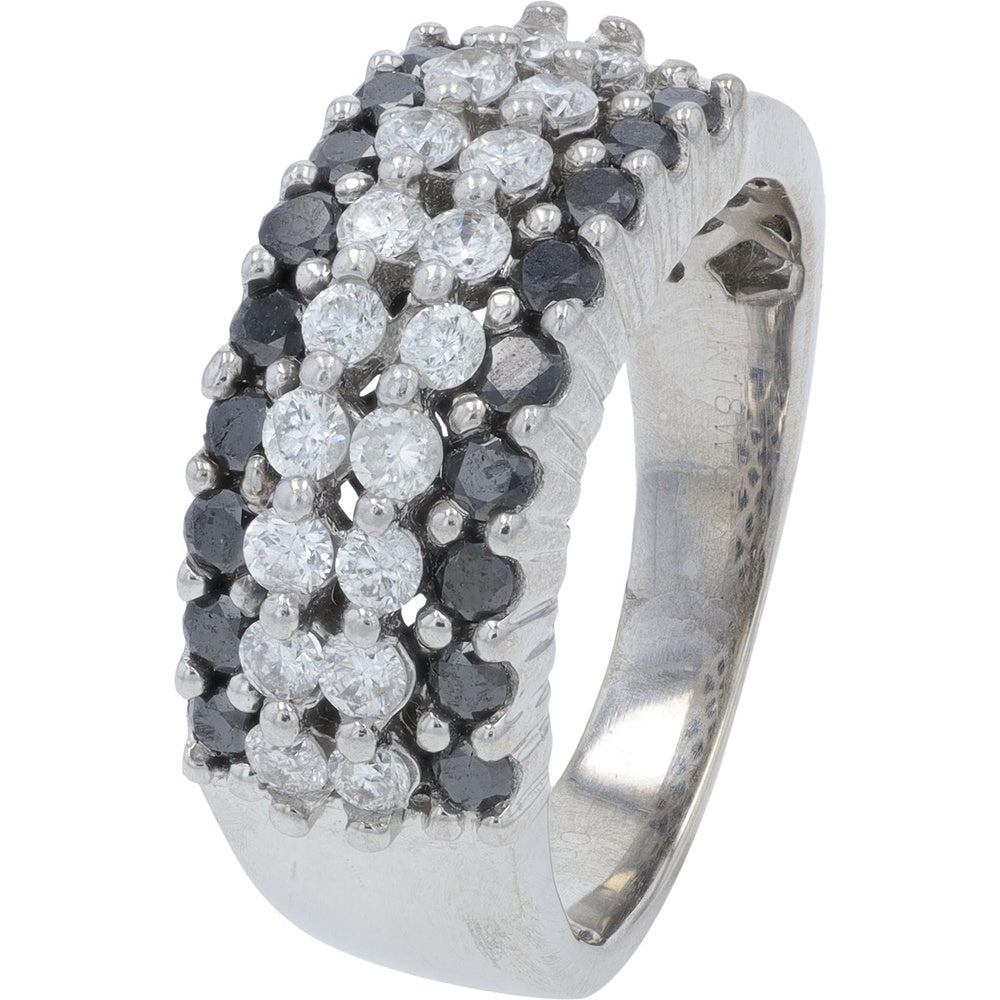 18K White Gold Band Ring with Round Brilliant and Black Diamonds in Prong Setting - 1.00 Carat Total Diamond Weight