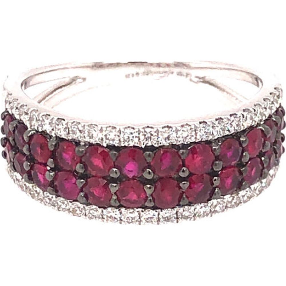 18K White Gold Band Ring with Round Rubies and Diamond Accents by Afarin