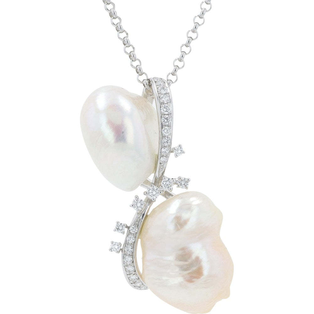 18K White Gold Baroque Akoya Pearl Pendant with Vine-Set Diamond Accents on an Adjustable 18-Inch Bolo Chain - 0.41 Carat Total Diamond Weight