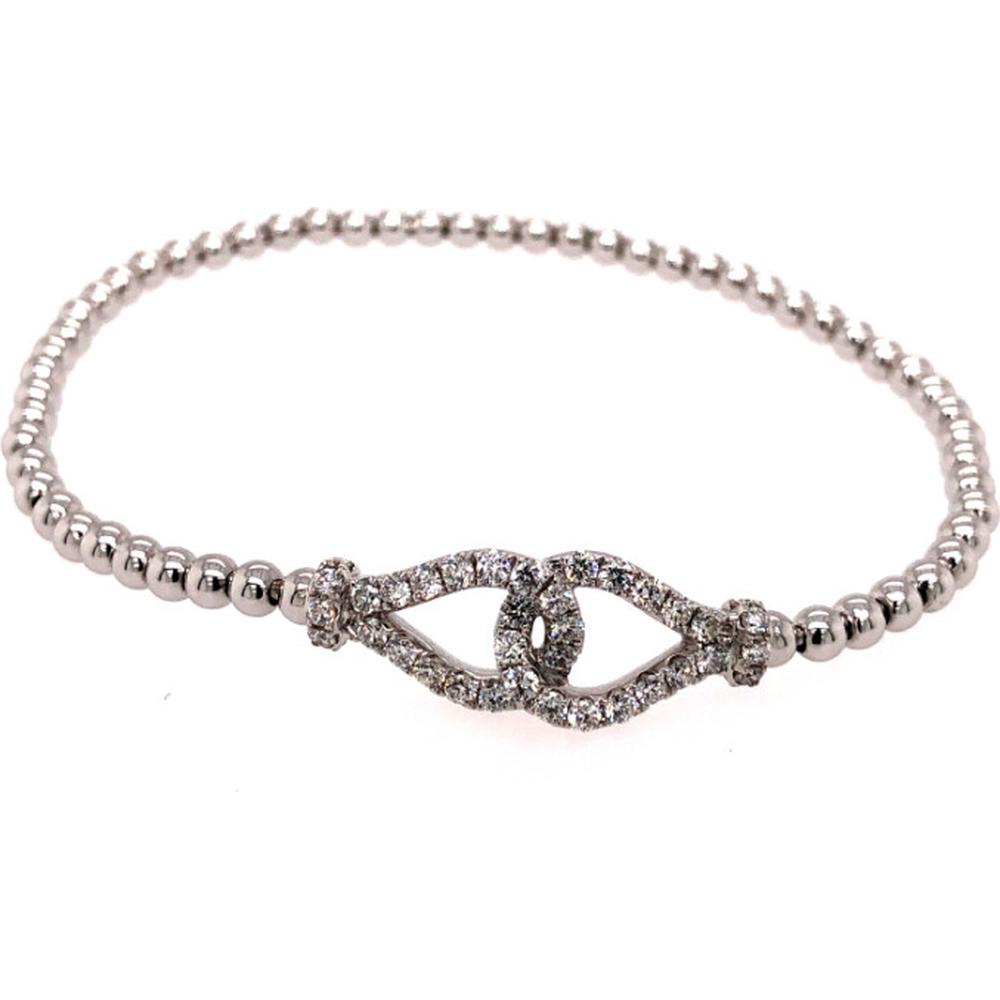 18K White Gold Beaded Diamond Stretch Bangle Bracelet with Open Motif Center by Afarin