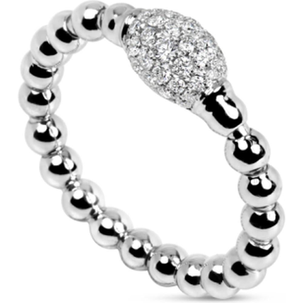 18K White Gold Beaded Ring with Oval Pavé Diamond Top by Afarin