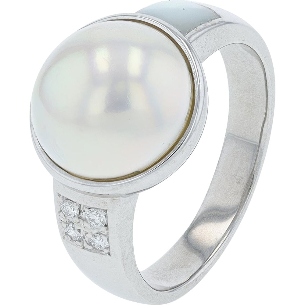 18K White Gold Bezel-Set 11.6mm Pearl Ring with Diamond Accents - 0.05 Carat Total Diamond Weight
