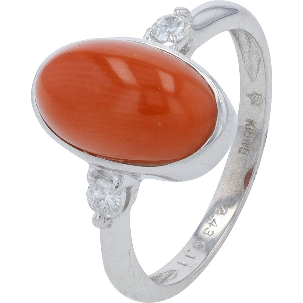 18K White Gold Bezel-Set Oval Coral Ring with Prong-Set Round Diamond Accents - 0.11 Carat Total Diamond Weight