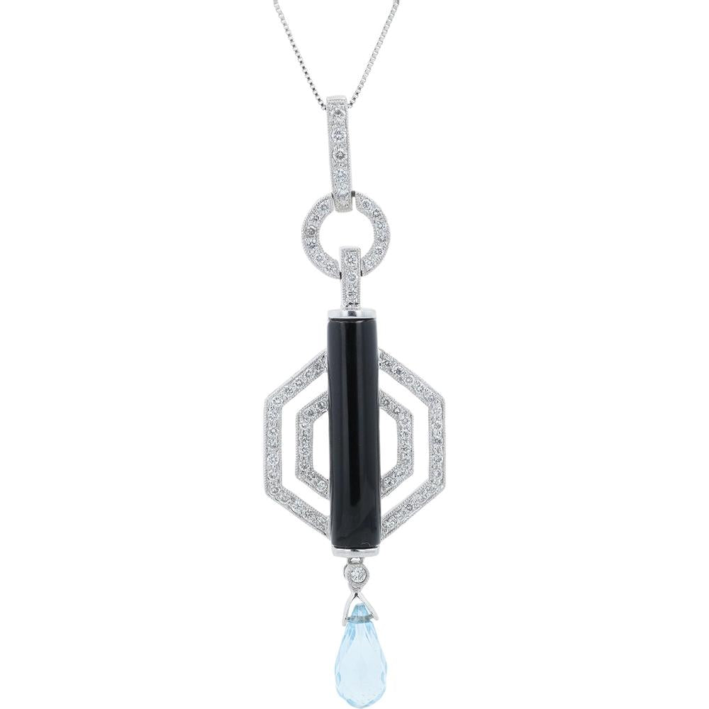 18K White Gold Black Onyx & Blue Topaz Pendant with 0.60 Carat Total Diamond Accents