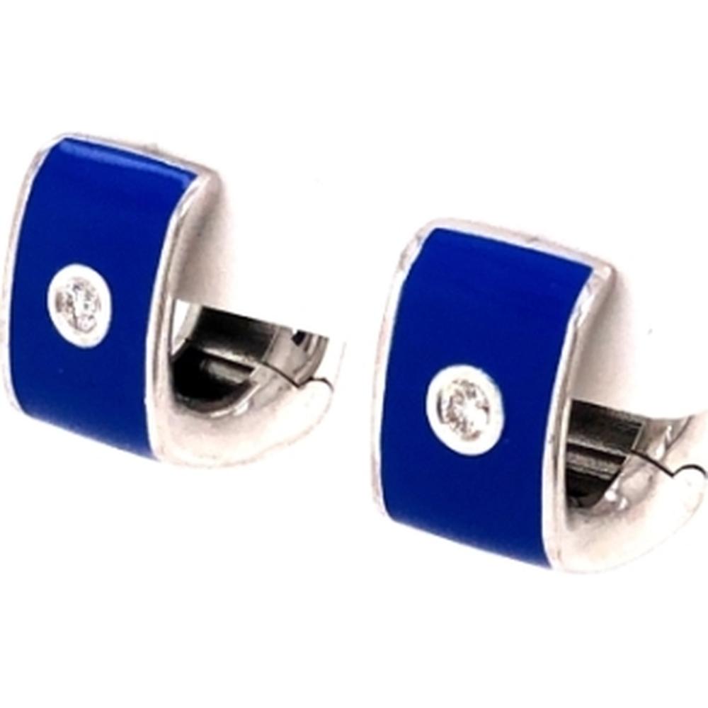 18K White Gold Blue Enamel Huggie Earrings with Round Diamond Accents by Afarin