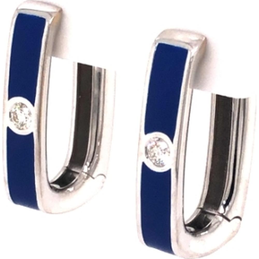 18K White Gold Blue Enamel Huggie Earrings with Round Diamond Accents by Afarin