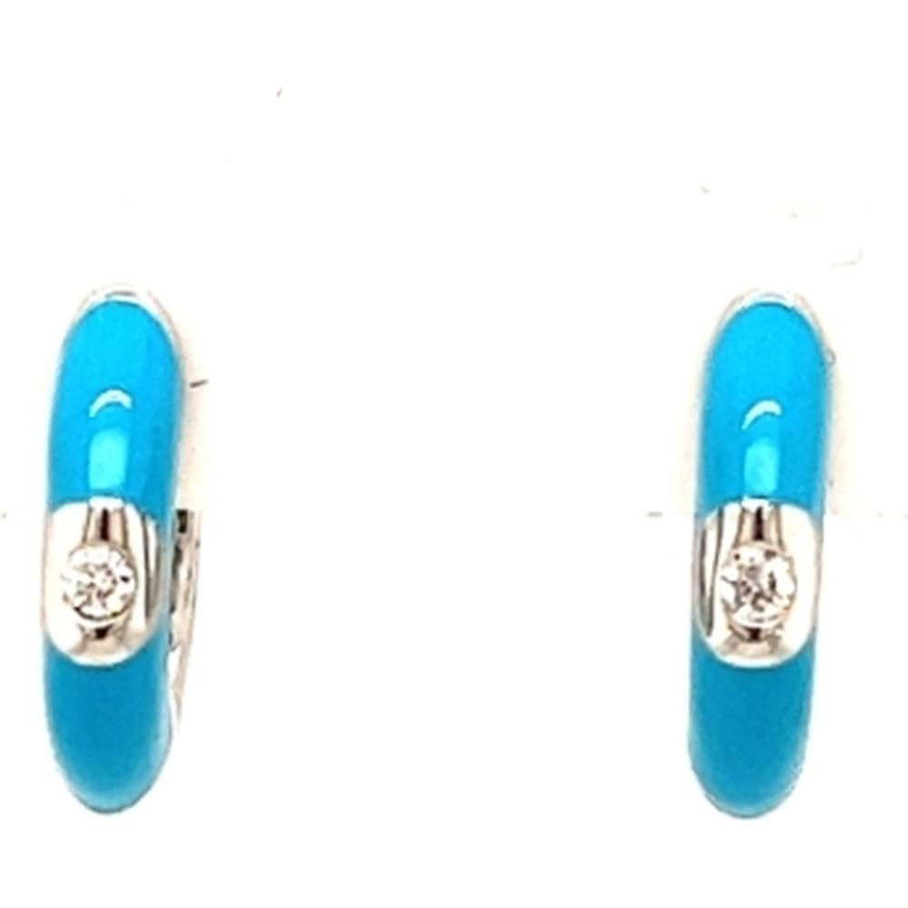 18K White Gold Blue Enamel Huggie Earrings with Round Diamonds by Afarin