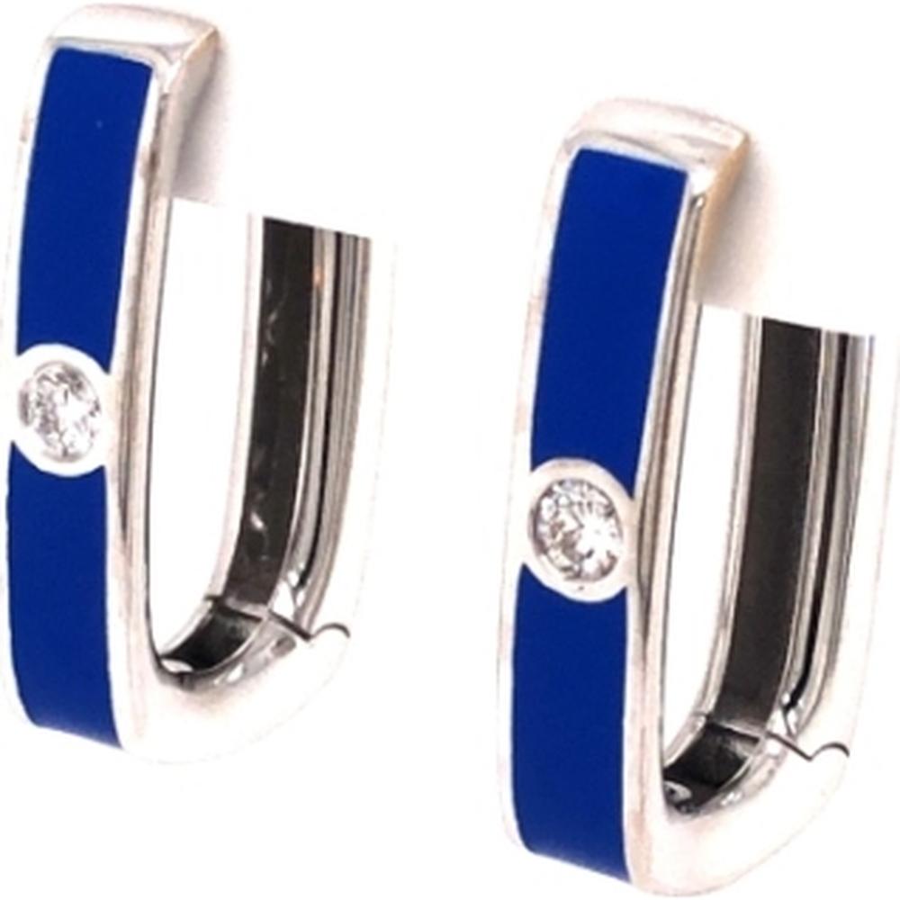 18K White Gold Blue Enamel Huggie Earrings with Round Diamonds by Afarin