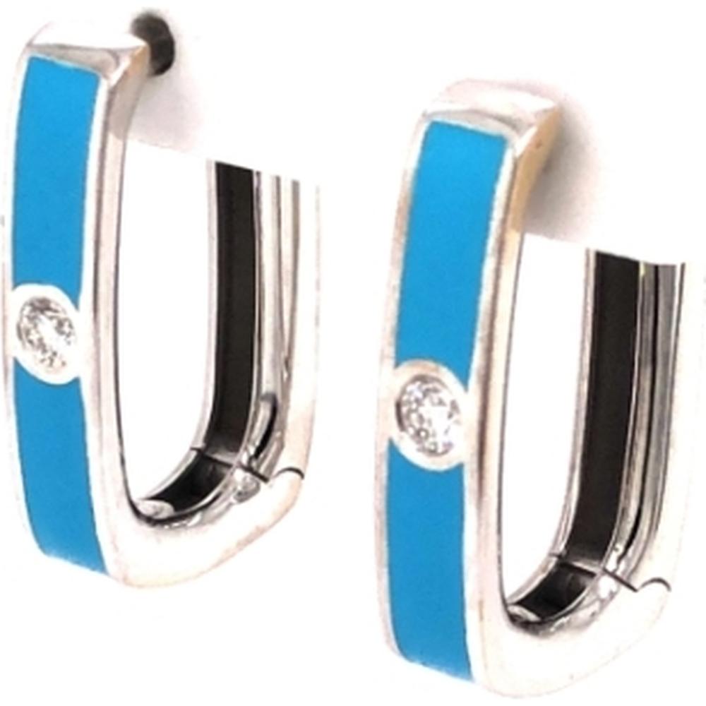 18K White Gold Blue Enamel Huggie Earrings with Round Diamonds by Afarin