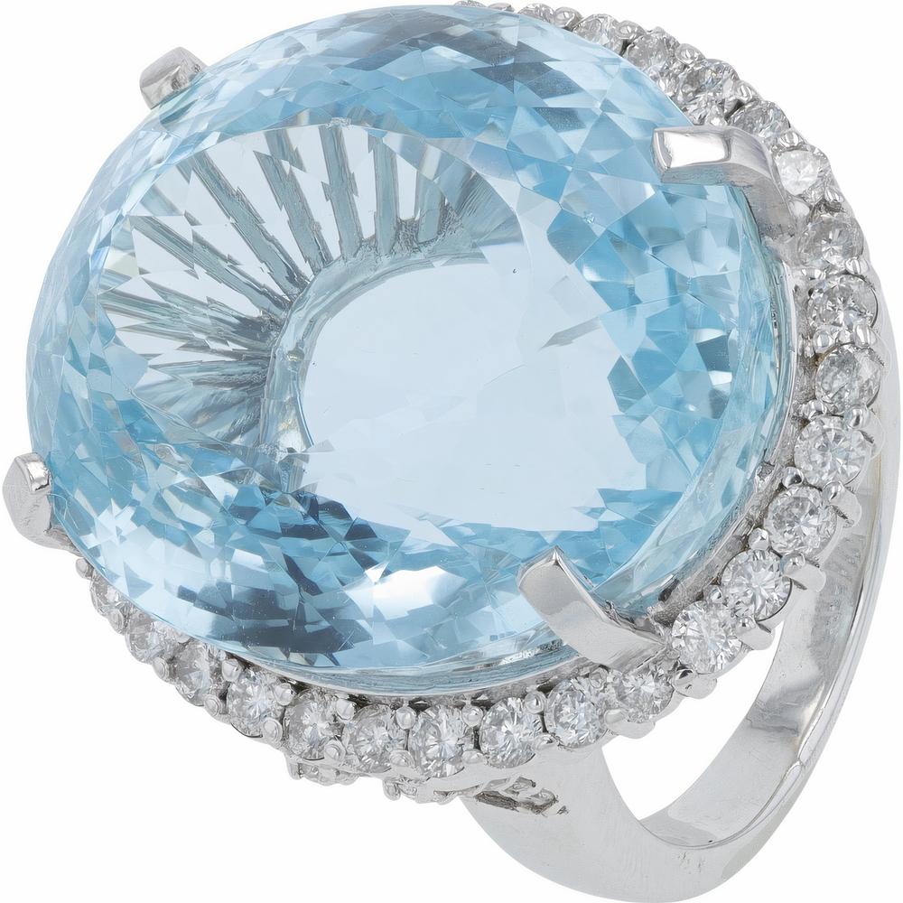 18K White Gold Blue Topaz Cocktail Ring with Diamond Halo - 38.83 Carats Topaz, 1.40 Carats Diamonds