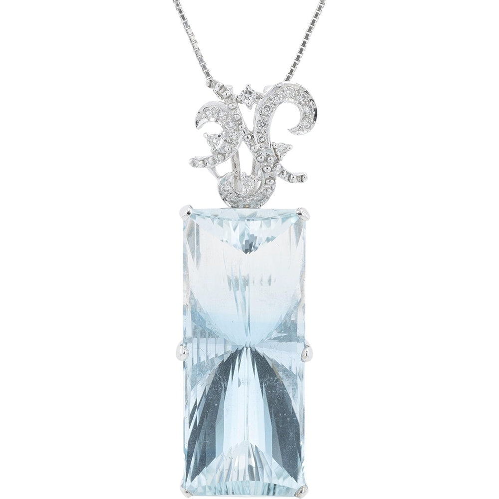 18K White Gold Blue Topaz Pendant Necklace with Diamond Accented Bail - 53.98 Carat Total Gem Weight