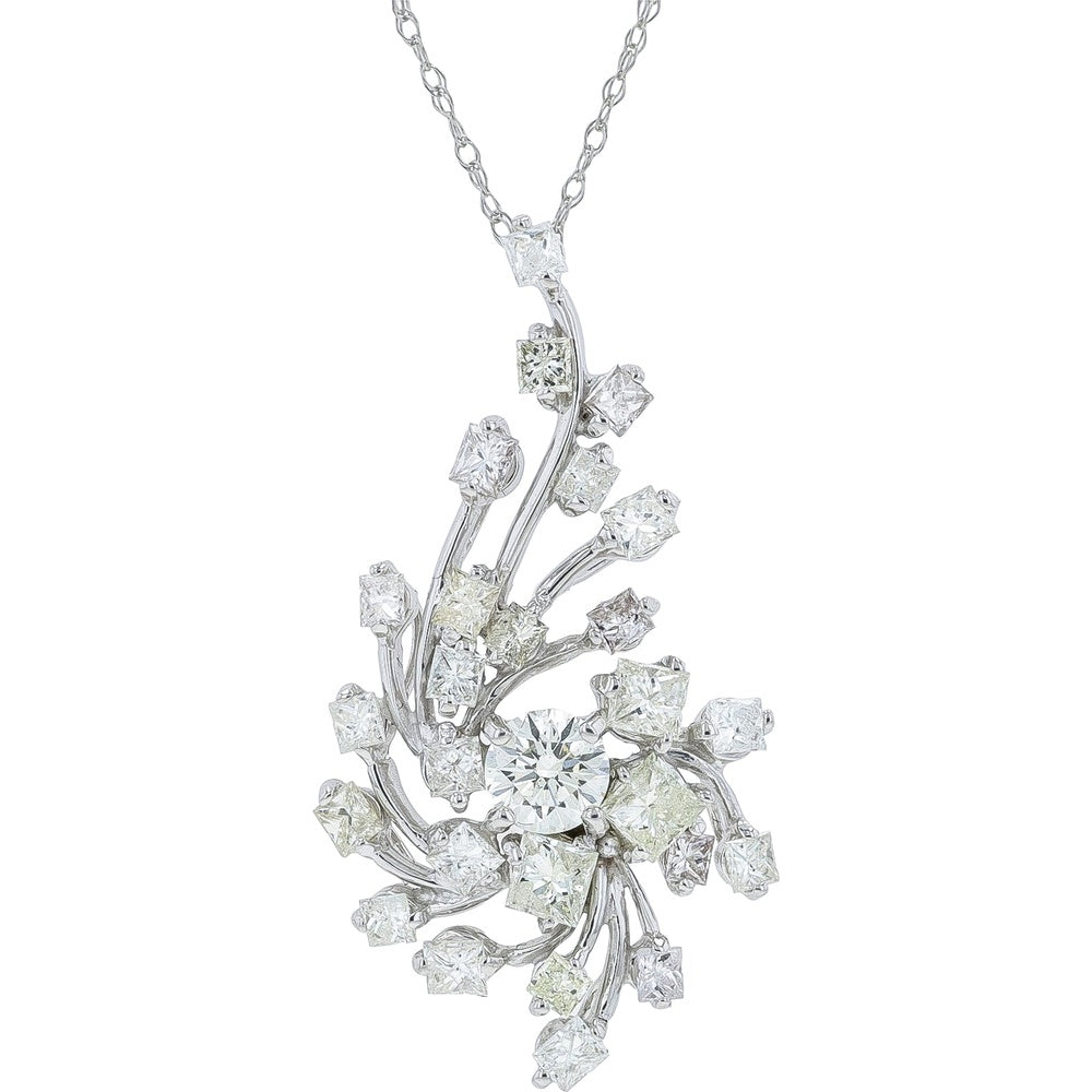 18K White Gold Botanical Floral Diamond Pendant Necklace with Round and Princess Cut Diamonds - 1.77 Carat Total Diamond Weight