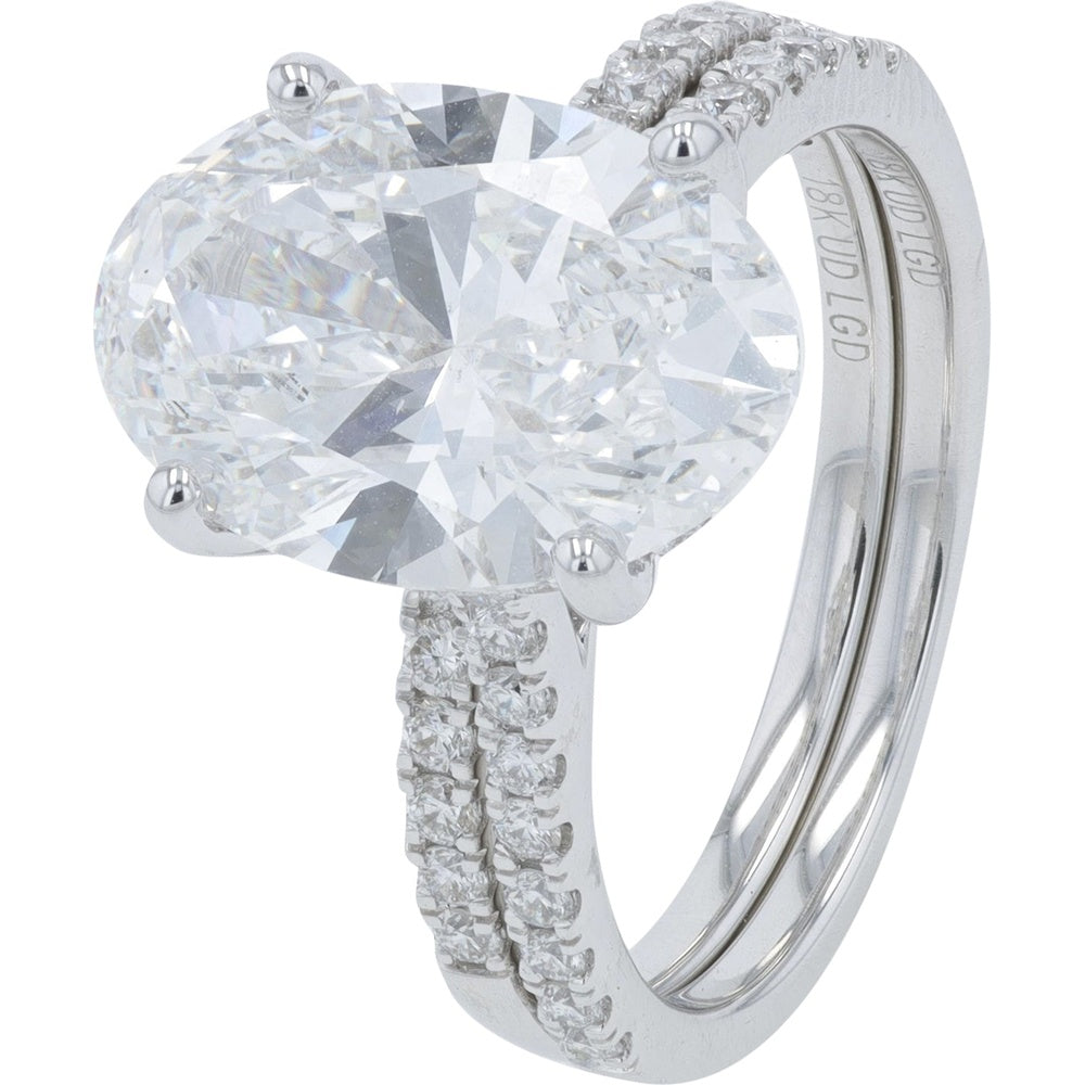18K White Gold Bridal Set with 4.00 Carat Oval Lab Grown Diamond and 0.50 Carat Pave Split Shank Diamonds - 4.50 Carats Total Diamond Weight