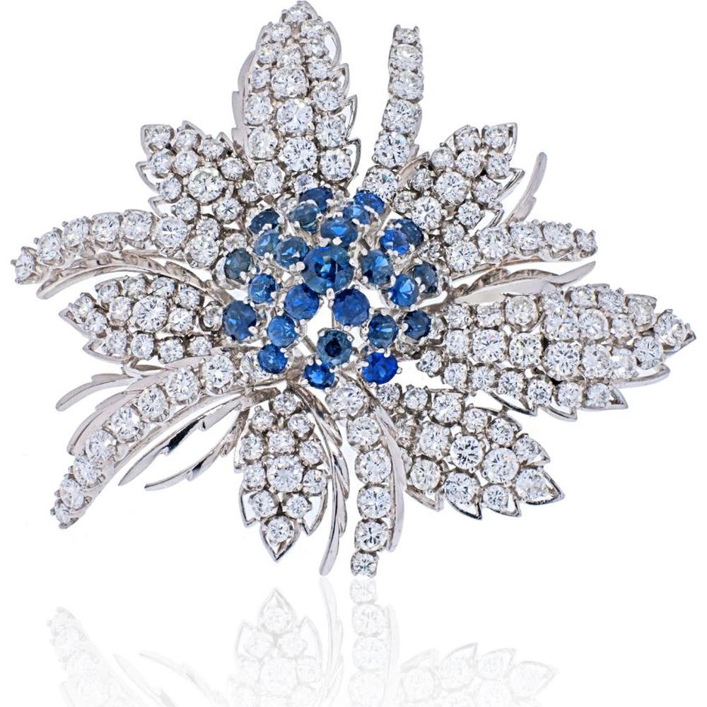 18K White Gold Brooch with 13 carats Total Weight Diamonds and Sapphires in Flower Cluster Design