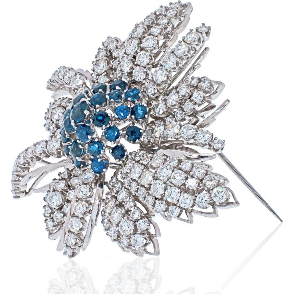 18K White Gold Brooch with 13 carats Total Weight Diamonds and Sapphires in Flower Cluster Design