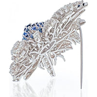 18K White Gold Brooch with 13 carats Total Weight Diamonds and Sapphires in Flower Cluster Design