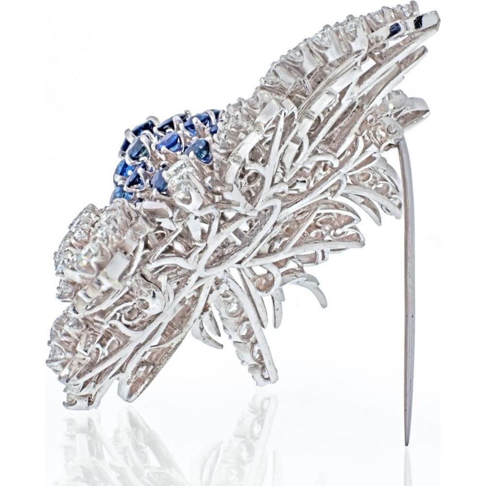 18K White Gold Brooch with 13 carats Total Weight Diamonds and Sapphires in Flower Cluster Design