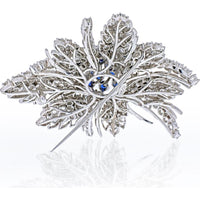 18K White Gold Brooch with 13 carats Total Weight Diamonds and Sapphires in Flower Cluster Design