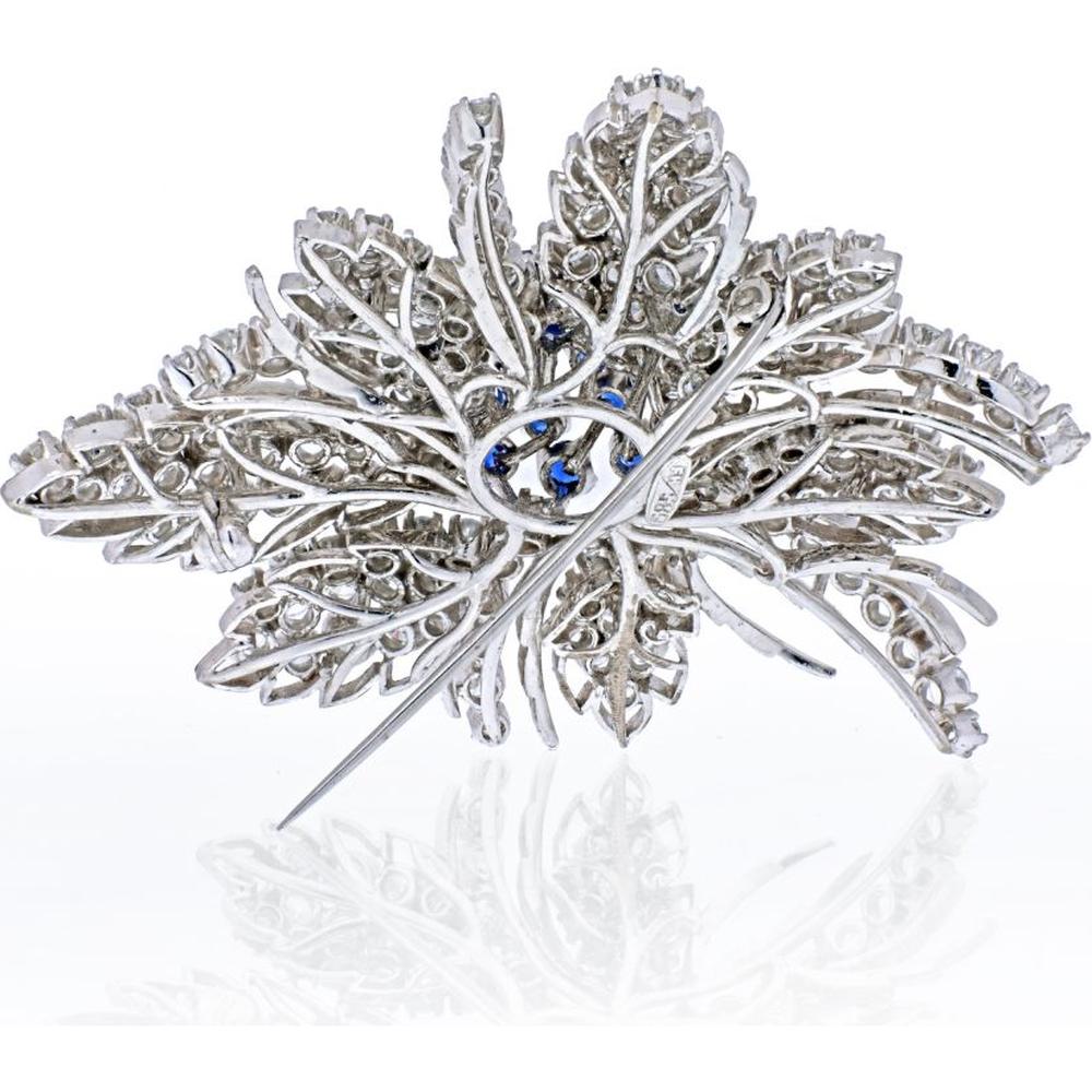18K White Gold Brooch with 13 carats Total Weight Diamonds and Sapphires in Flower Cluster Design