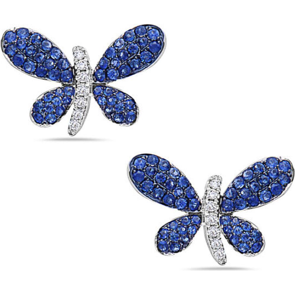 18K White Gold Butterfly Earrings with Round Blue Sapphires and Diamond Accents by Afarin