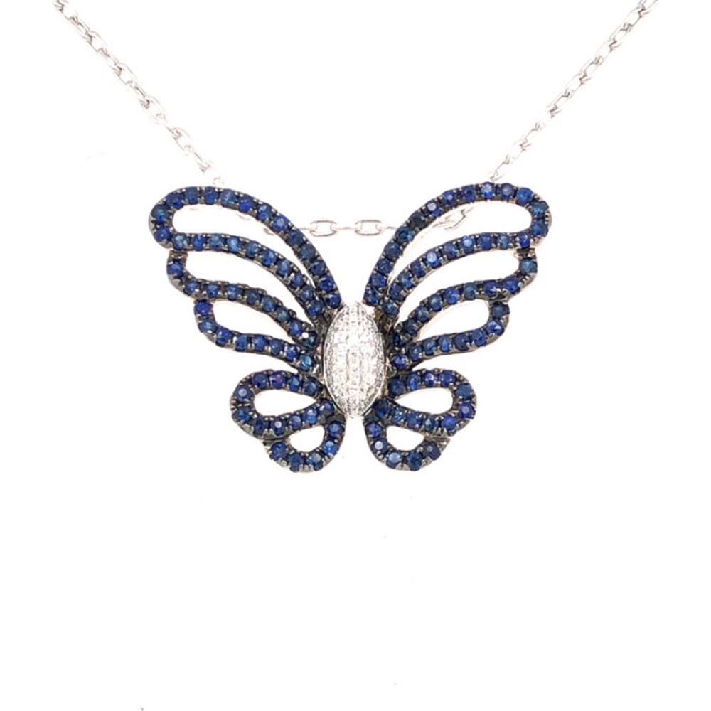 18K White Gold Butterfly Necklace with Blue Sapphires and Marquise Diamond Center by Afarin