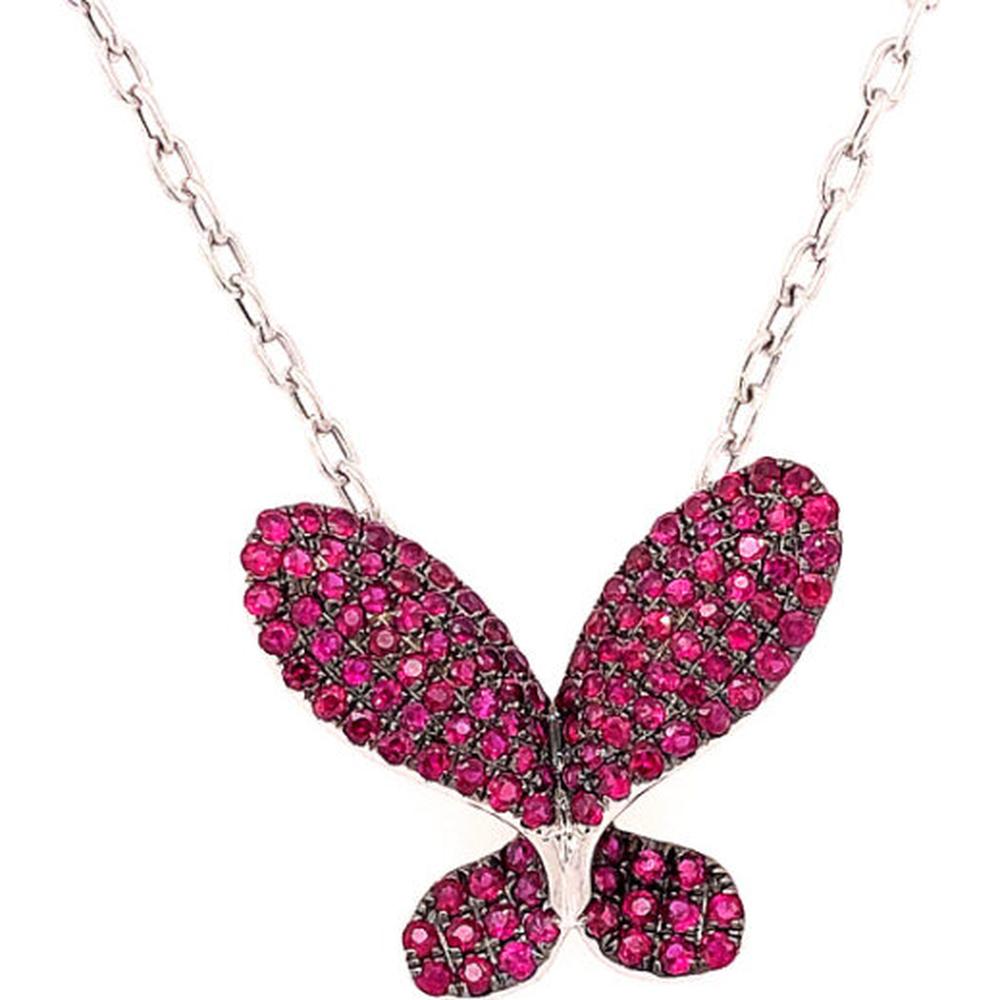 18K White Gold Butterfly Necklace with Pavé Set Round Rubies by Afarin