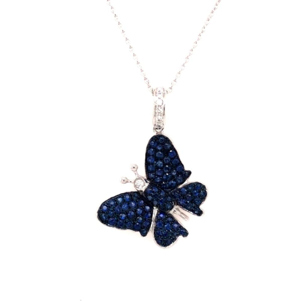 18K White Gold Butterfly Pendant Necklace with Blue Sapphires and Diamond Accents by Afarin