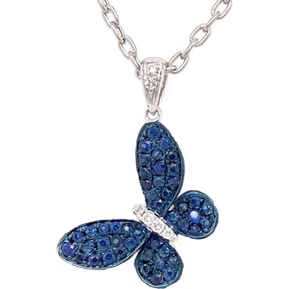 18K White Gold Butterfly Pendant with Blue Sapphires and Diamond Accent by Afarin