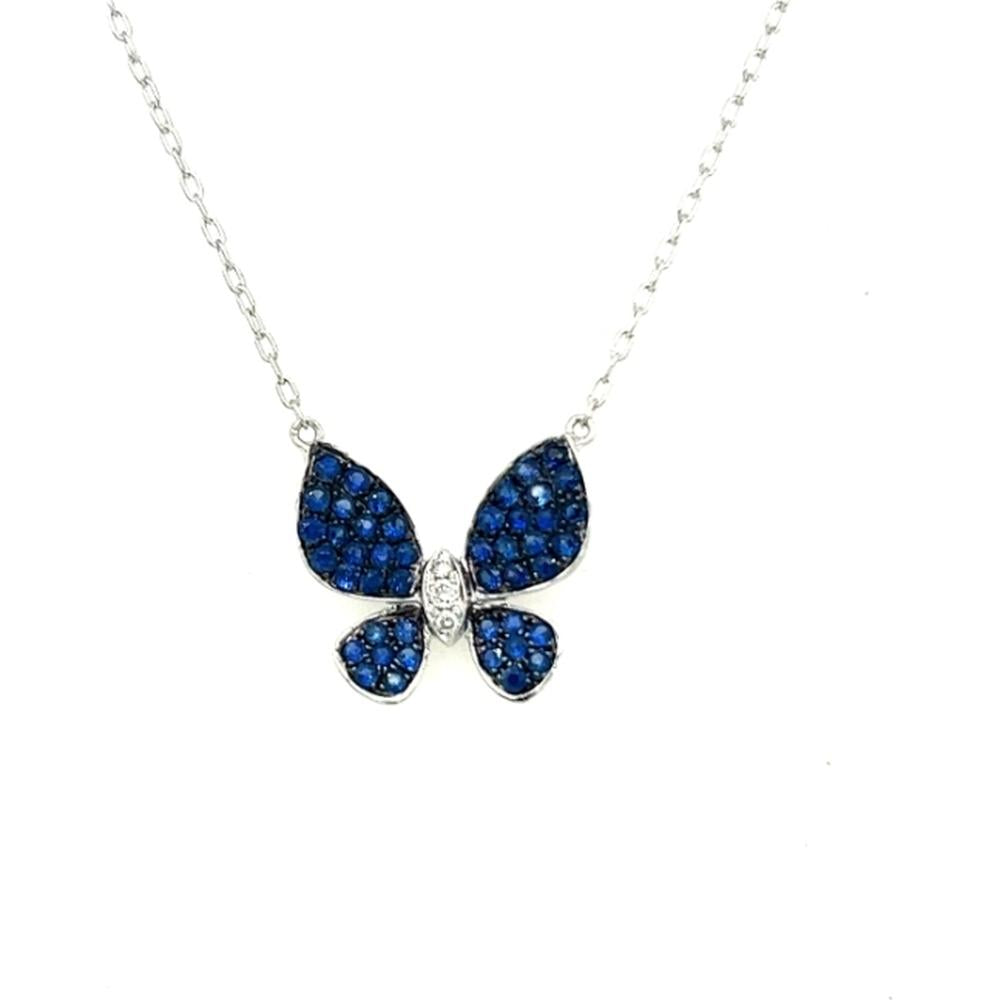 18K White Gold Butterfly Pendant with Blue Sapphires and Diamond Accents by Afarin
