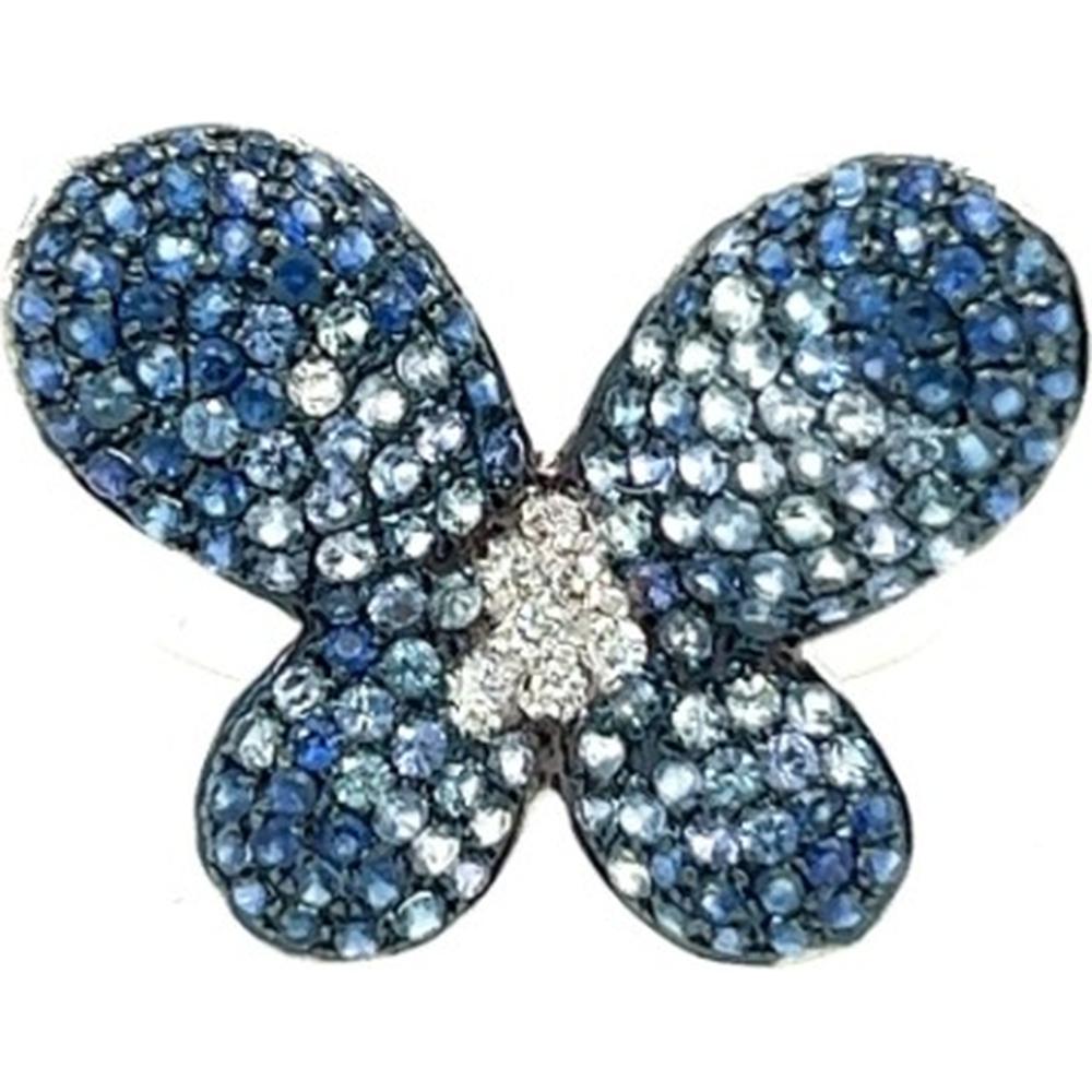 18K White Gold Butterfly Ring with Blue Sapphires and Diamond Center by Afarin