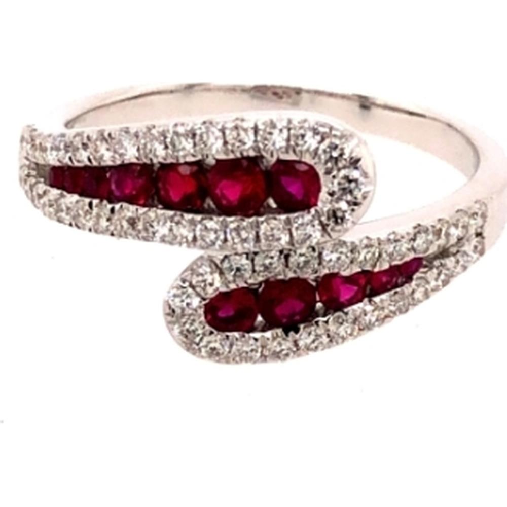 18K White Gold Bypass Ring with Rubies and Diamond Halo Accents by Afarin