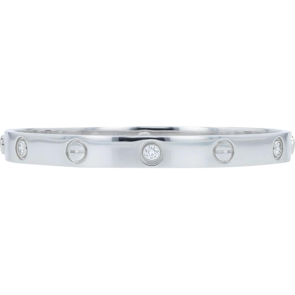 18K White Gold Cartier Love Bangle with 6 Bezel Set Round Diamonds - Size 16
