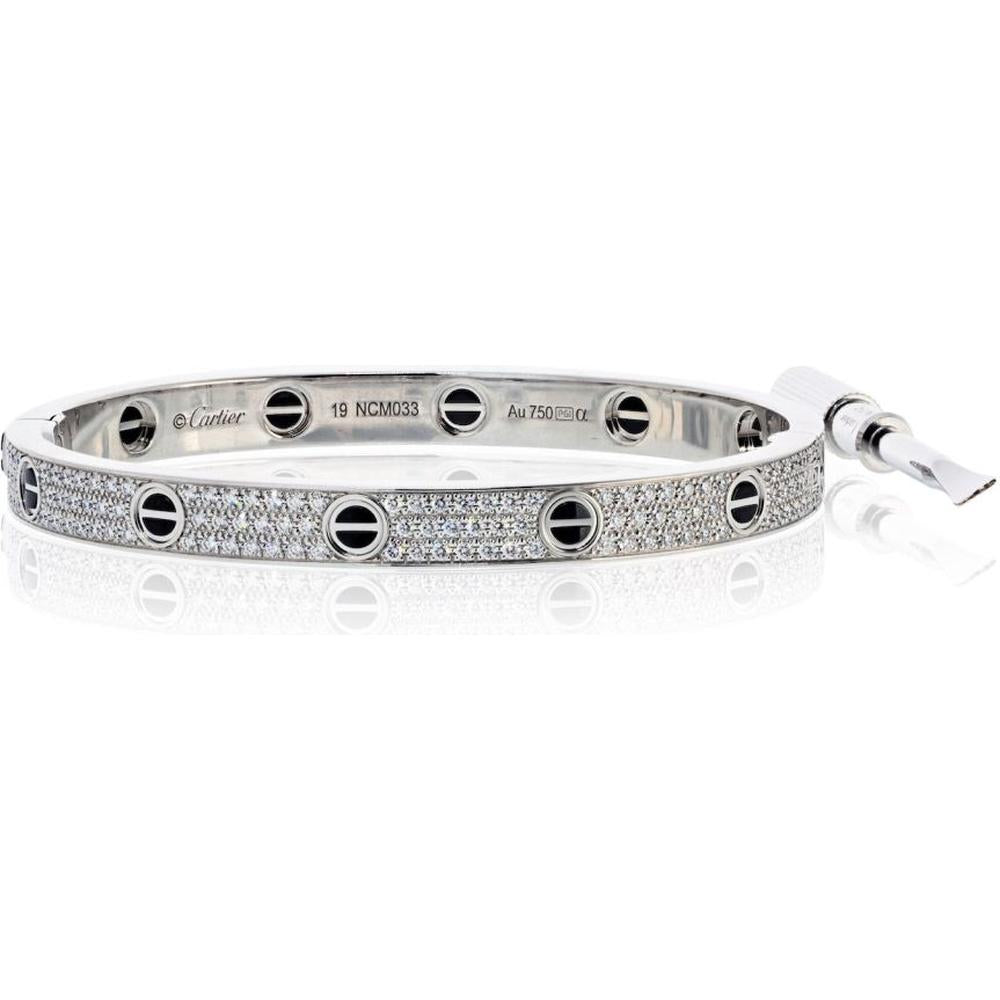 18K White Gold Cartier Love Bracelet with Pave Diamonds and Ceramic Motifs - Size 19