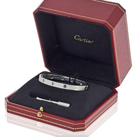 18K White Gold Cartier Love Bracelet with Pave Diamonds and Ceramic Motifs - Size 19