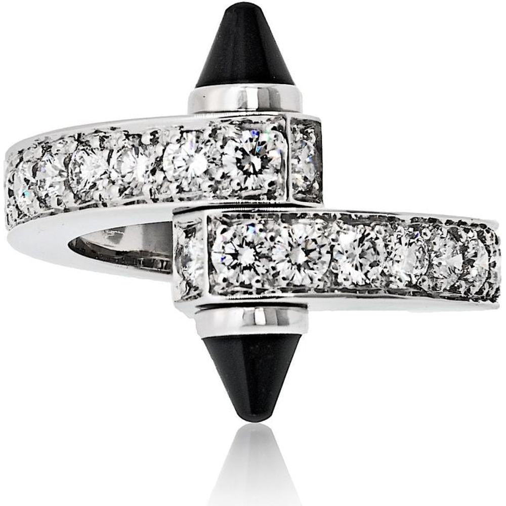 18K White Gold Cartier Menotte Ring with Onyx and Diamonds in High Polish Finish - Size 7