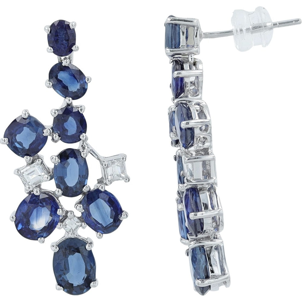 18K White Gold Cascading Drop Earrings with 10.36 Carat Oval Sapphires and 0.98 Carat Square and Baguette Diamonds