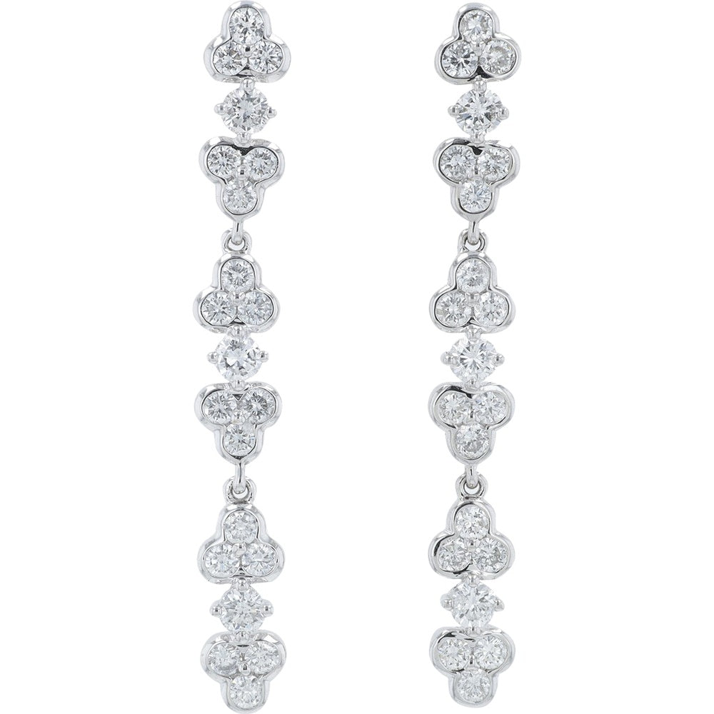 18K White Gold Cascading Drop Earrings with Alternating Solitaire and Tri-Clover Round Diamonds - 1.56 Carat Total Diamond Weight